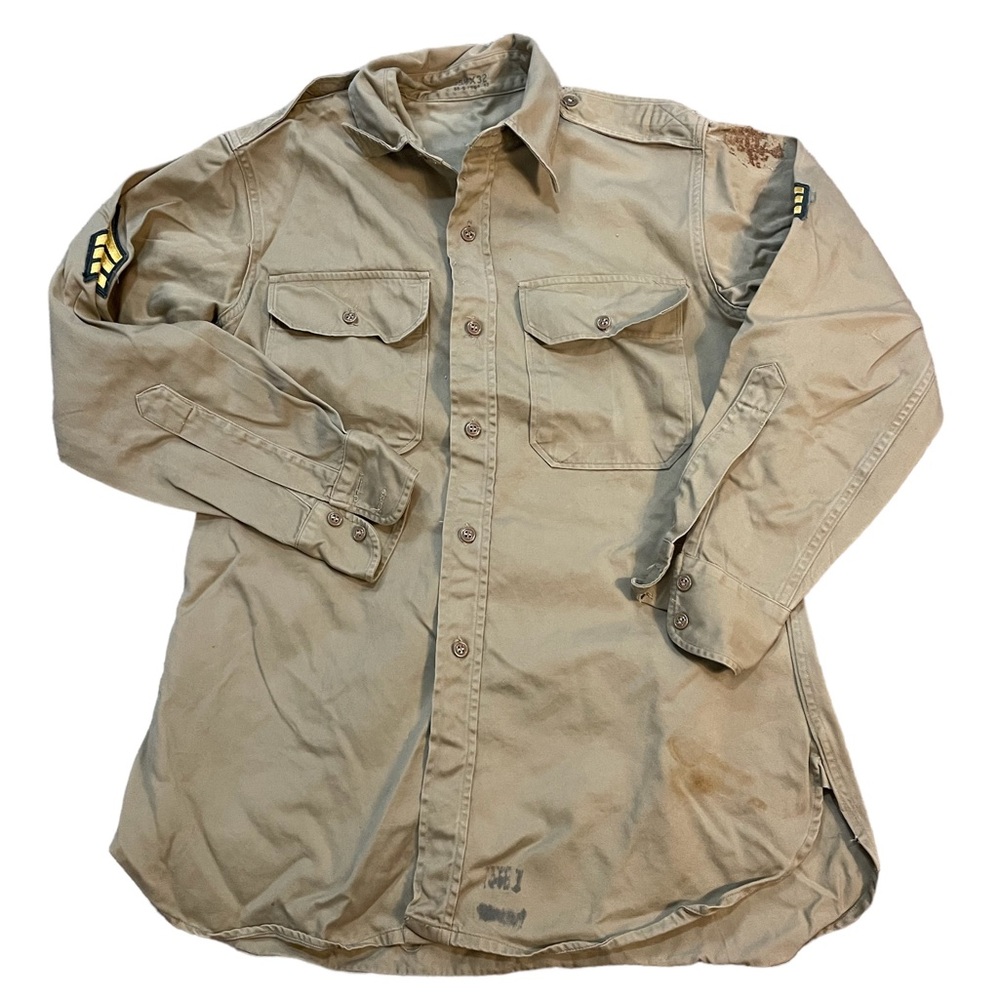Korean War 1953 Cotton KHAKI US ARMY Shirt Collar Sz 15.5” X 32” Patches